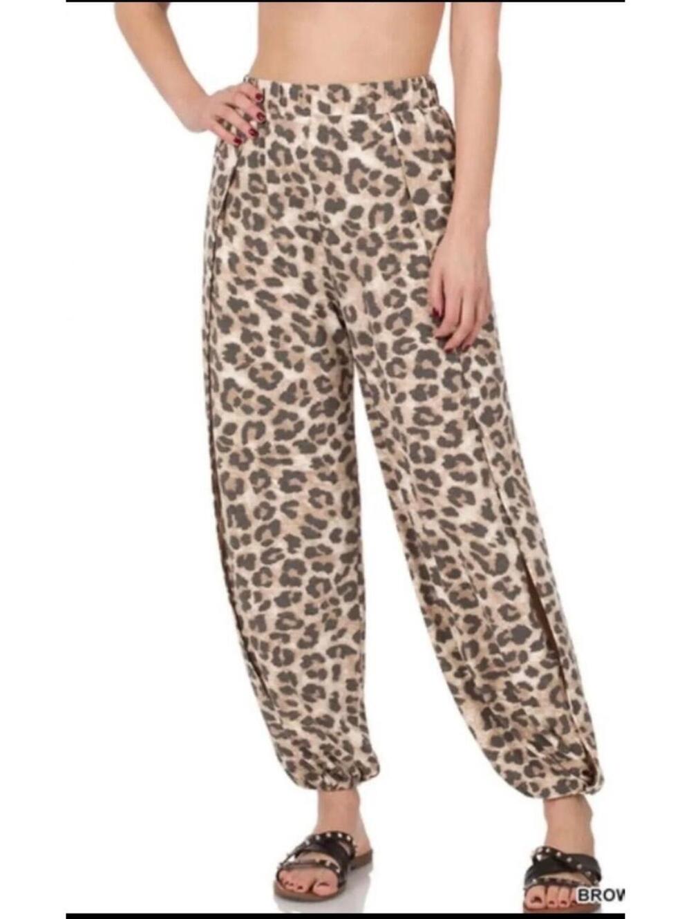 Zenana Brown Leopard Print Harem Pants 2X Boho Wide Leg Slit Pants Plus Size - Picture 6 of 7